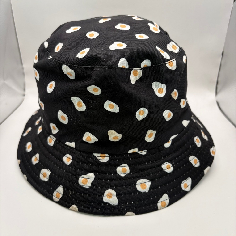 Black Bucket Hat Fried Egg Print Casual Sun Hat